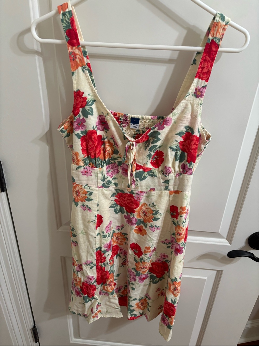 Old Navy Cream Floral Tie-Front Mini Dress with Red & Orange Blooms
